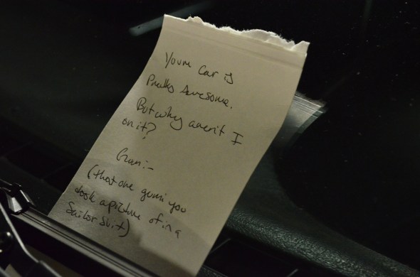 A letter from a gurl (probably) telling this guys car is the best cosplay ever!!!!